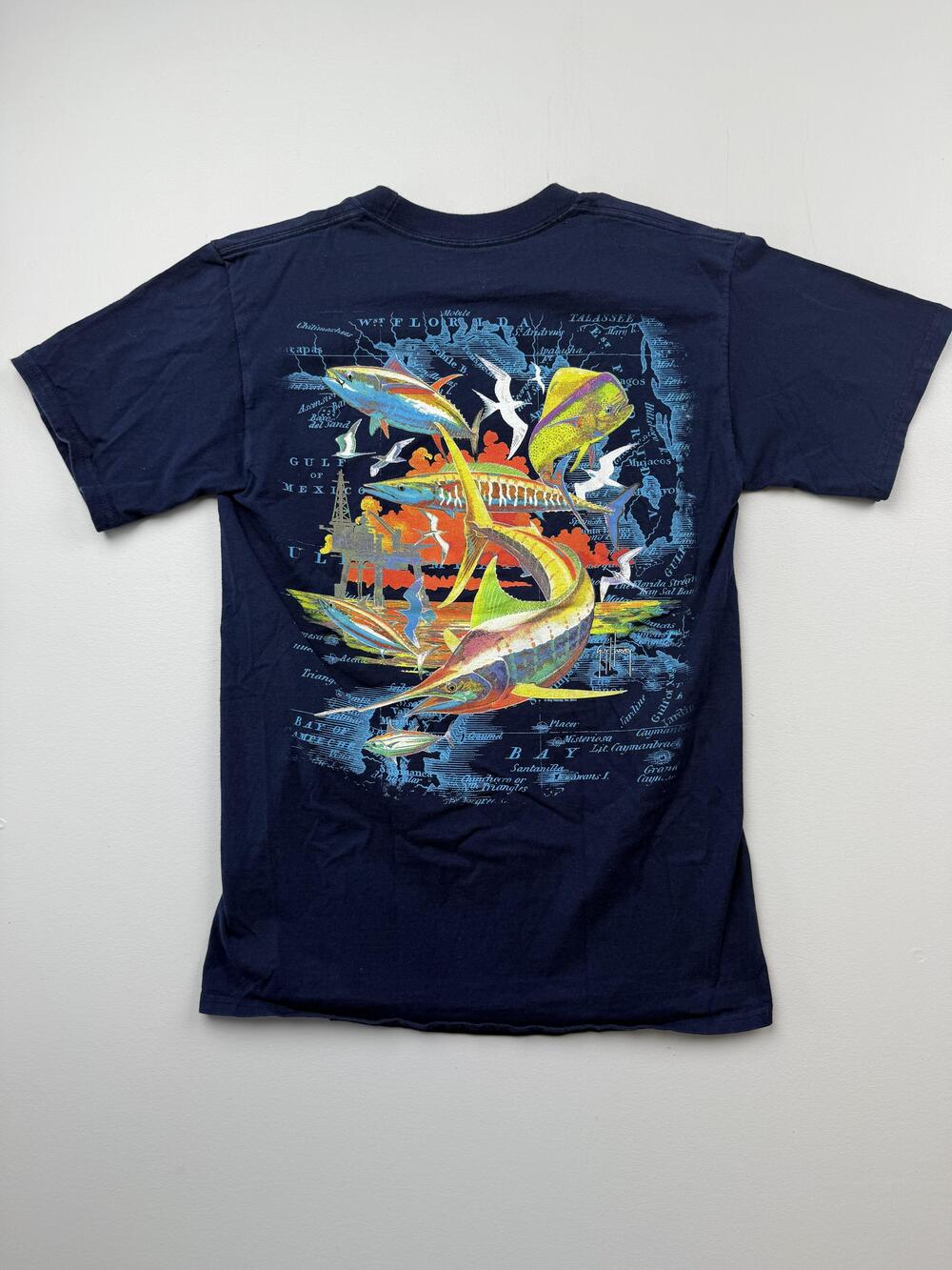 Guy Harvey Shirt Mens Small Blue Pocket Fish Graphic Tee Florida Fishing Ocean